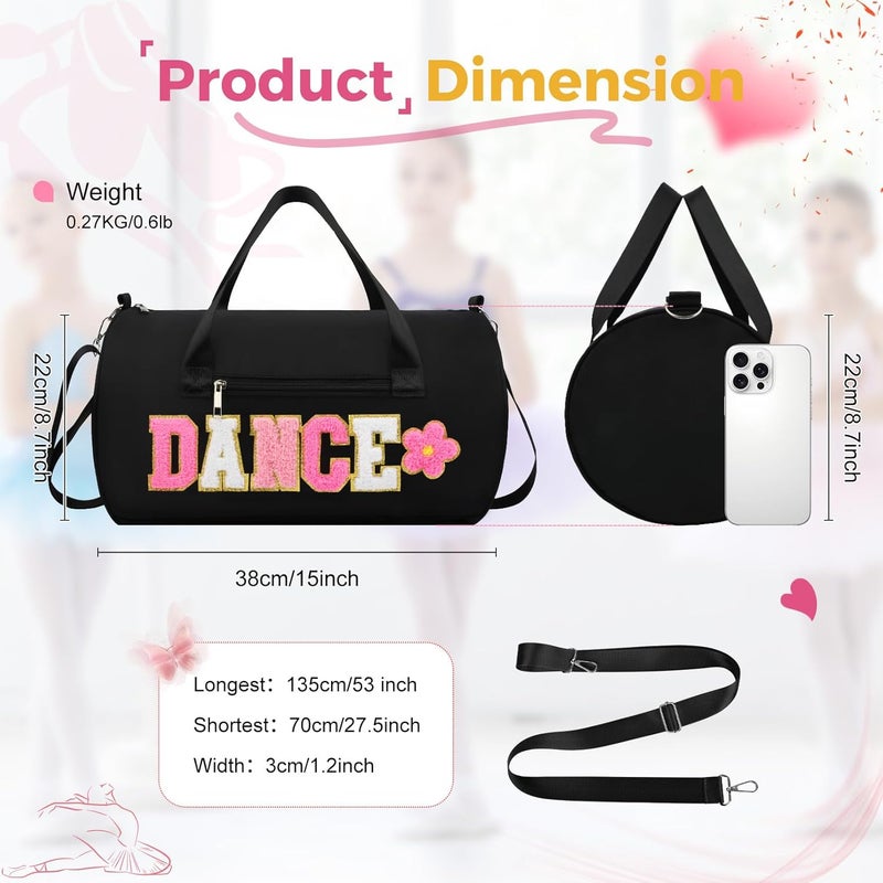 KUIRAN Store Dance Bag for Girls, 23L Waterproof Travel Duffel Bag with Colorful Chenille Letter, Lightweight Small Gym Sport Ballet Weekender Bag with Large Main Compartment - Black/White/Pink - Image 2